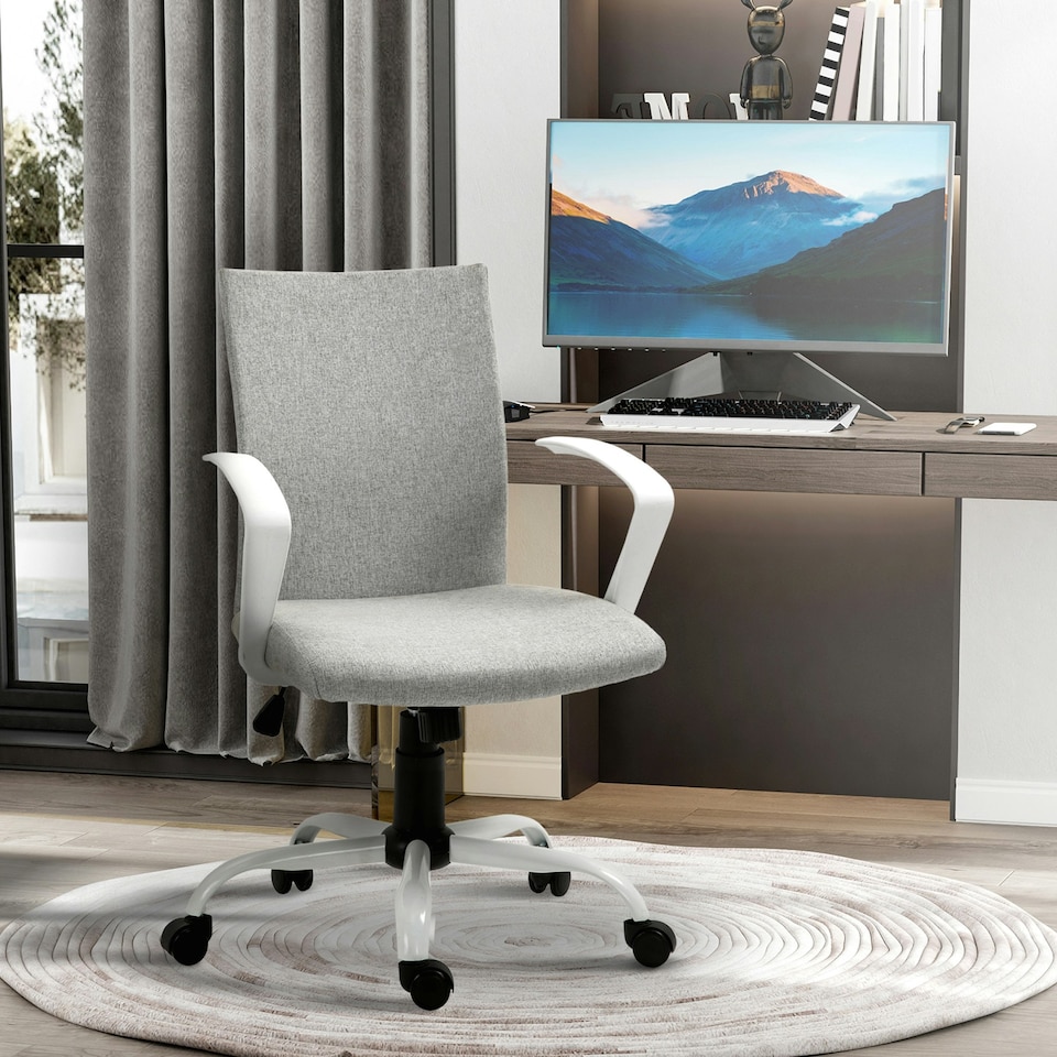 image 1 of Vinsetto Home Office Linen Chair Swivel Computer Desk Task Chair, Light Grey