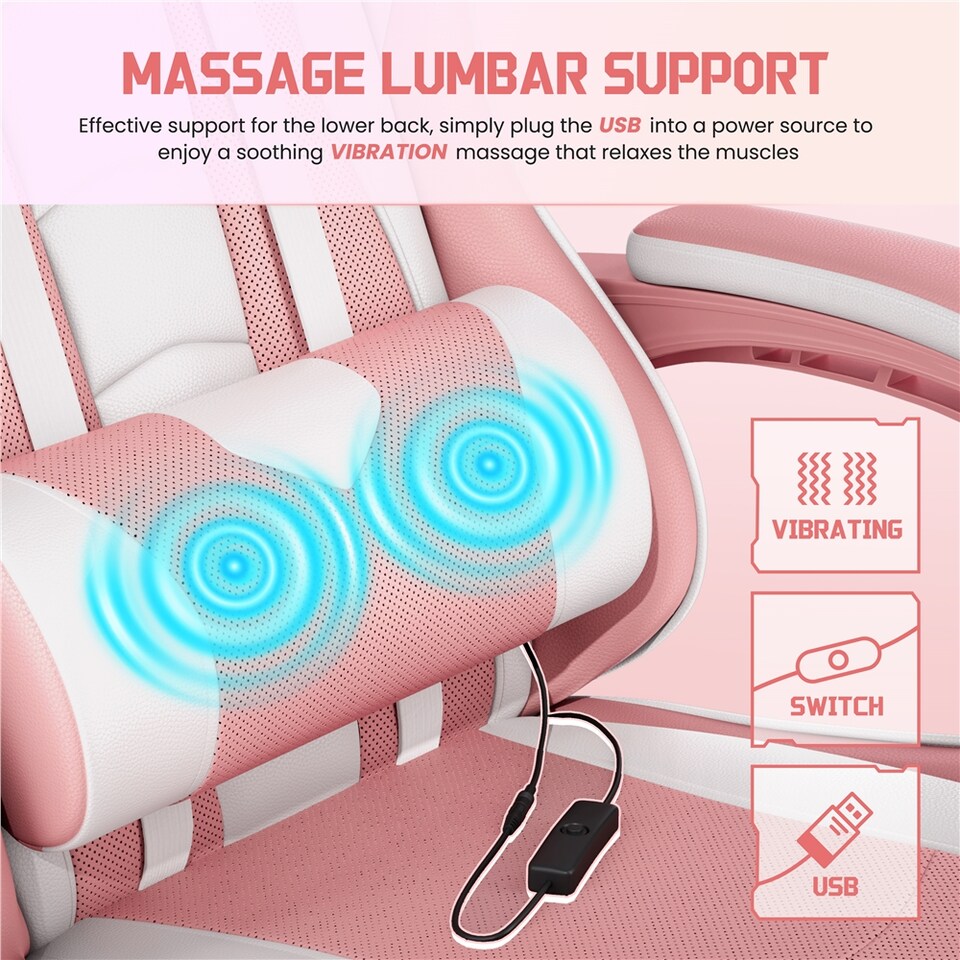image 1 of Yaheetech Ergonomic Computer Chair with Massage Lumbar Pillow | Multi | Pink/White | One Size | 1