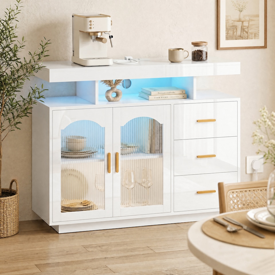 image 1 of HOMCOM High Gloss Sideboard with LED Lights, Power Outlets, Drawers