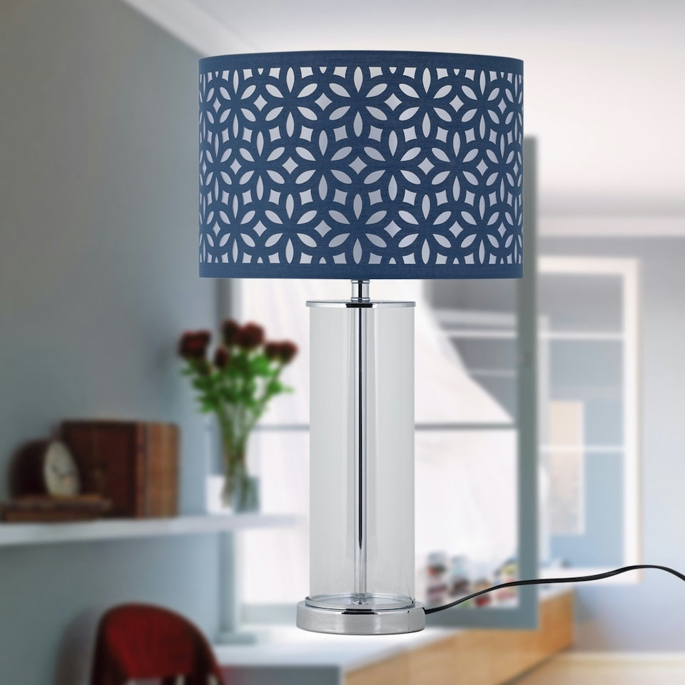 image 1 of Aura - Chrome Table Lamp with Navy Blue Cut Out Shade Chrome | Blue