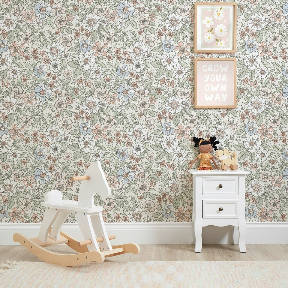 image 1 of Gorgeous Gardenia Wallpaper in Sage, Soft Blues and Peach Multi