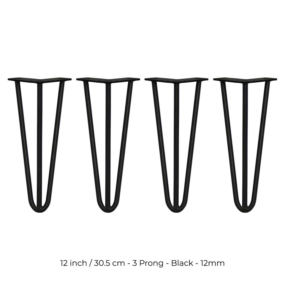 image 1 of 4 x 12" Hairpin Legs - 3 Prong - 12mm - Black Black