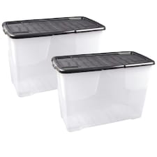 2 x Stackable & Strong Durable 100 Litre Curve Plastic Storage Boxes With Black Lids For Home & Office | Clear