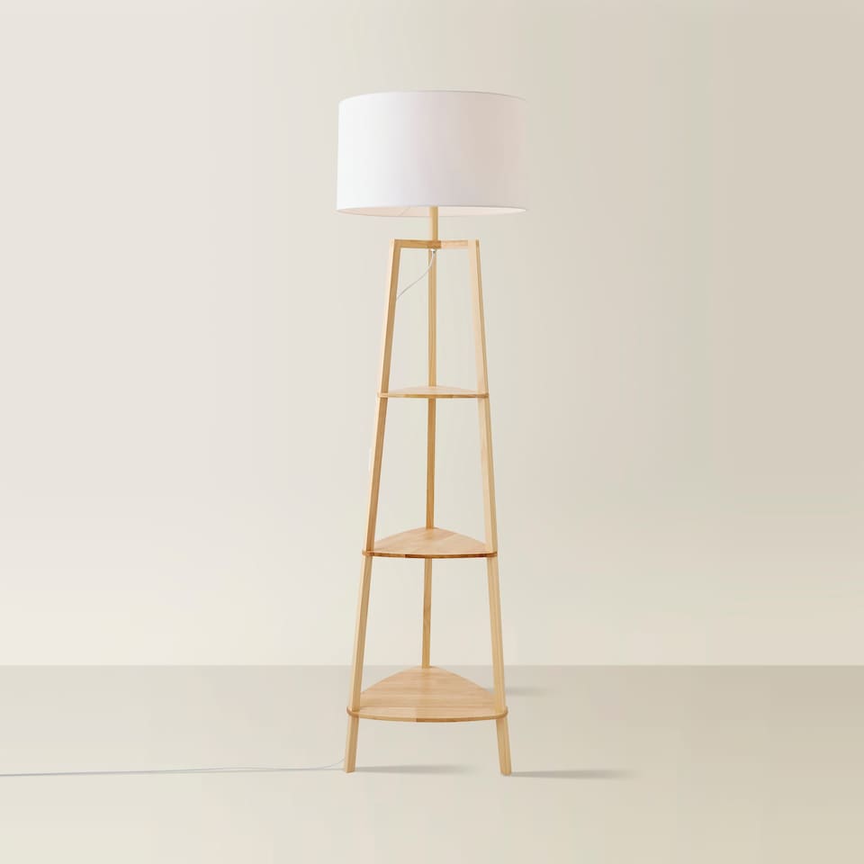 image 1 of ValueLights Hiru Wooden 3 Tier Shelf Floor Lamp with White Shade | White
