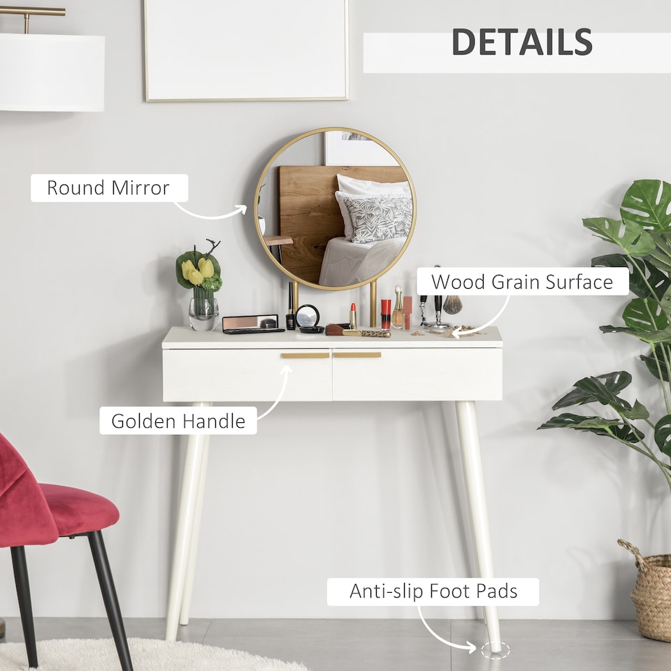 image 1 of HOMCOM Modern Dressing Table with Round Mirror, Makeup Vanity Table with 2 Drawers for Bedroom, Living Room, 80 x 40 x 123 cm, White