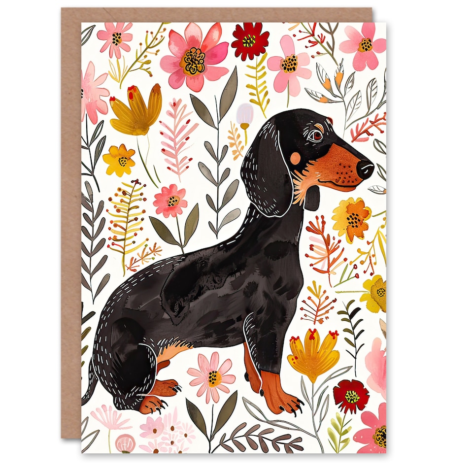 image 1 of Greeting Card Dachshund Sausage Dog Lover Floral Watercolour Birthday