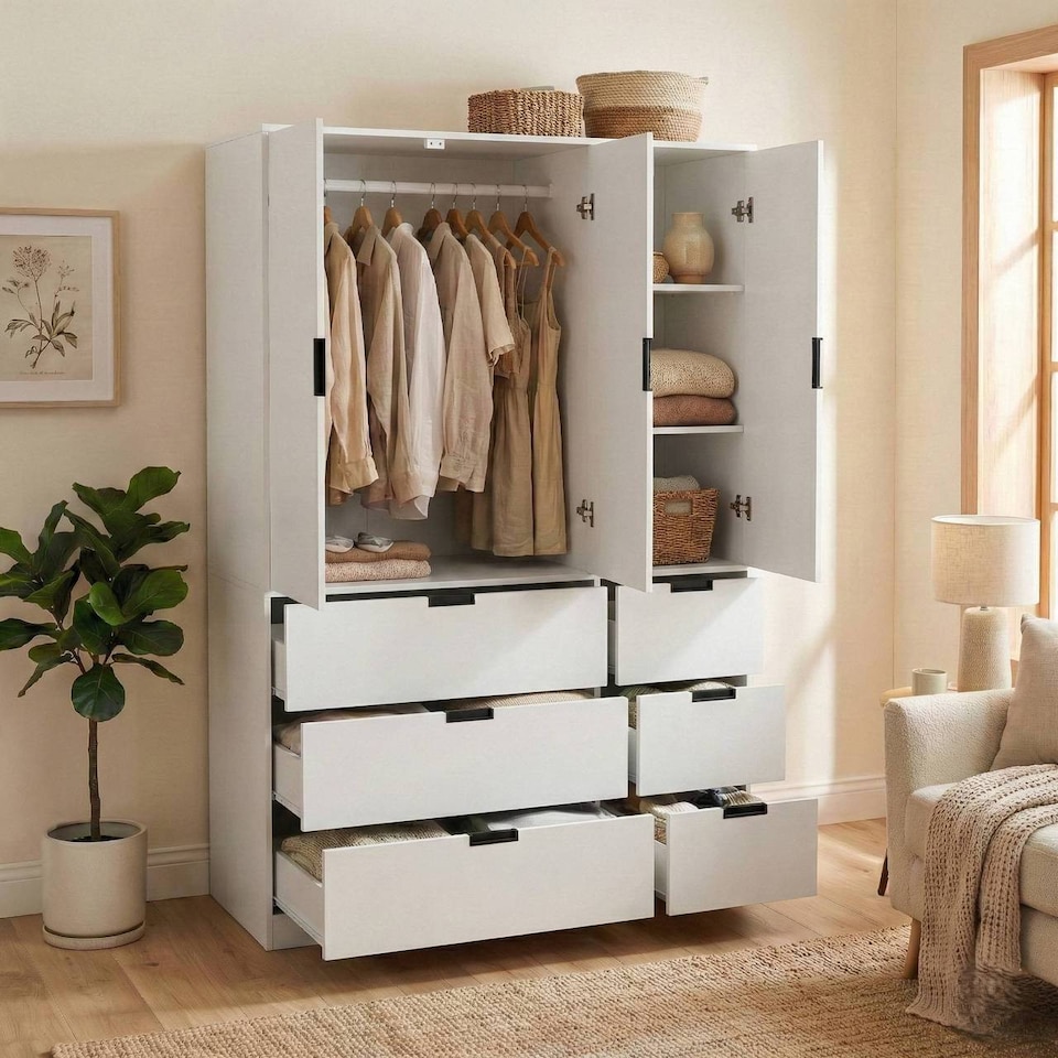 image 1 of RIGA 3 Door 6 Drawer Wardrobe | White | White & White | 10 x 44.5 x 79 | 1