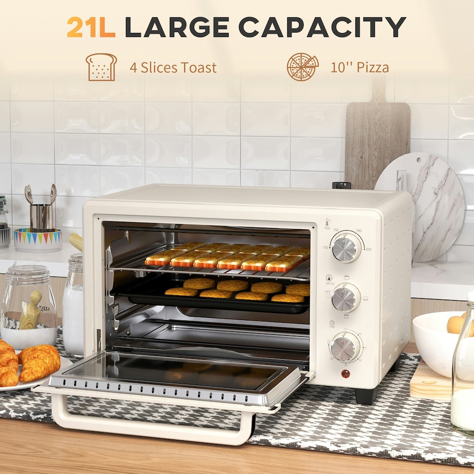 image 1 of HOMCOM Mini Oven 21L Electric Grill w/ Adjustable Temp Timer 1400W, Cream