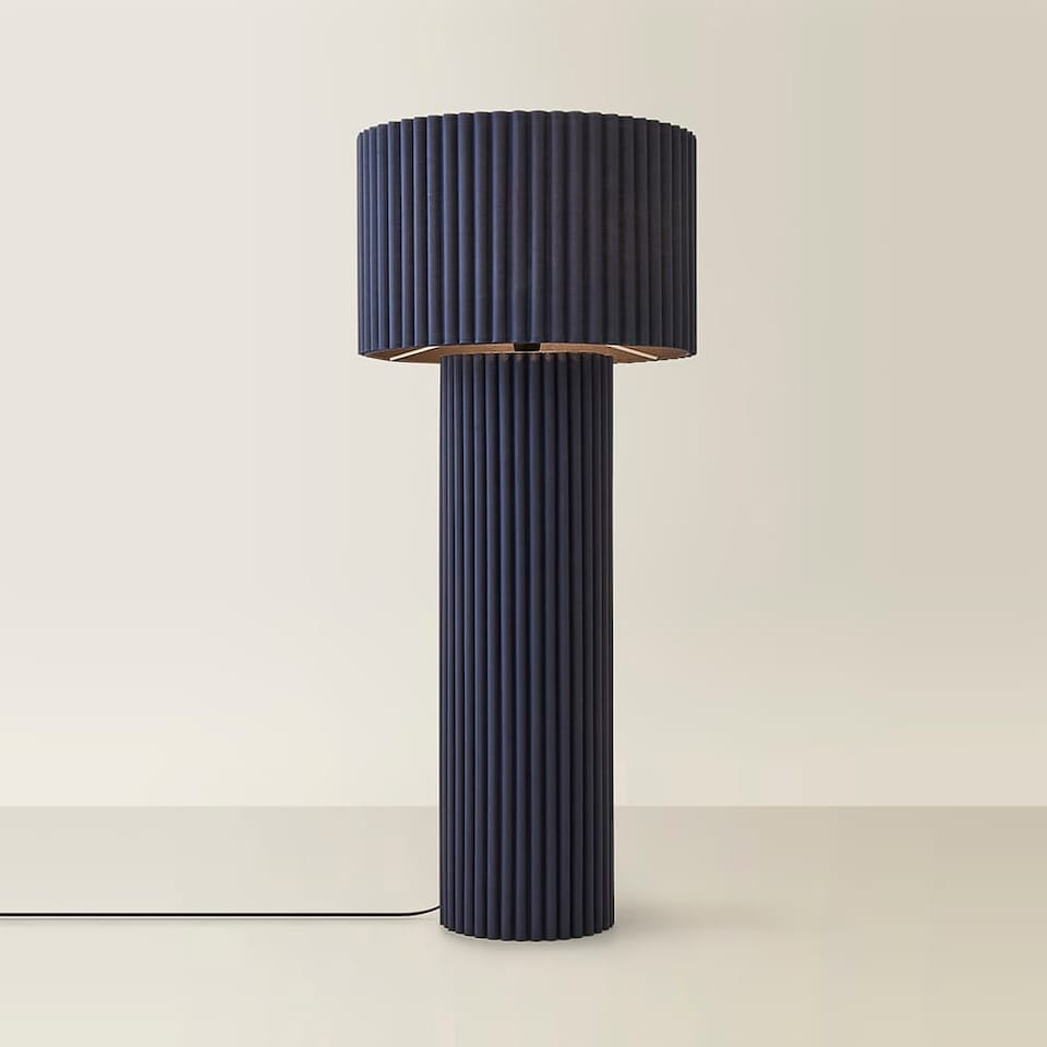 image 1 of ValueLights Lenny Navy Blue Ribbed Fabric Midi Floor Lamp & Bulb | Blue