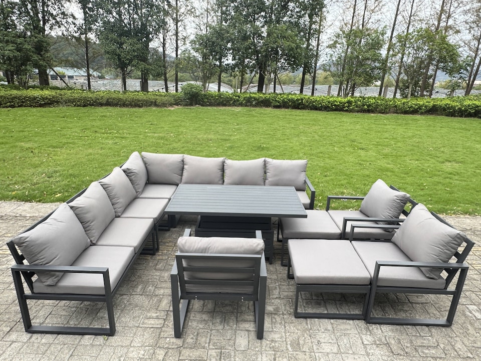 image 1 of Fimous 12 Seater Aluminium Sofa Set 11 Pieces Outdoor Garden Furniture - Rising Dining Table with Cushions 2 Big Footstools 3 Chairs Footstool Dark Grey