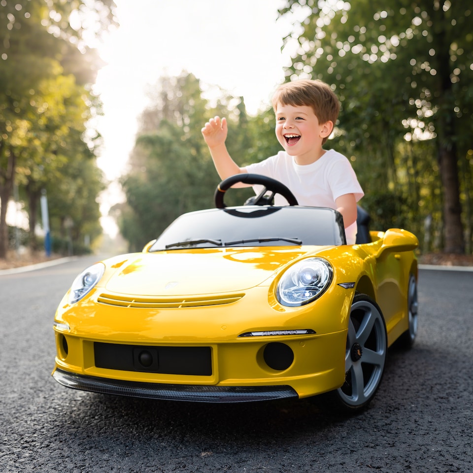 image 1 of AIYAPLAY RUF GT Licensed Electric Car for Kids, 12V Kids Ride on Car with Suspension System, Remote Control, Music, Horn, USB, Slow Start and Safety Belt for 3-5 Years Old Boys and Girls | Yellow
