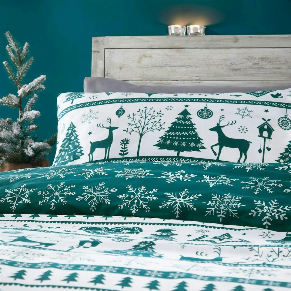 image 1 of Noel Teal Single Duvet Cover Set Green | King
