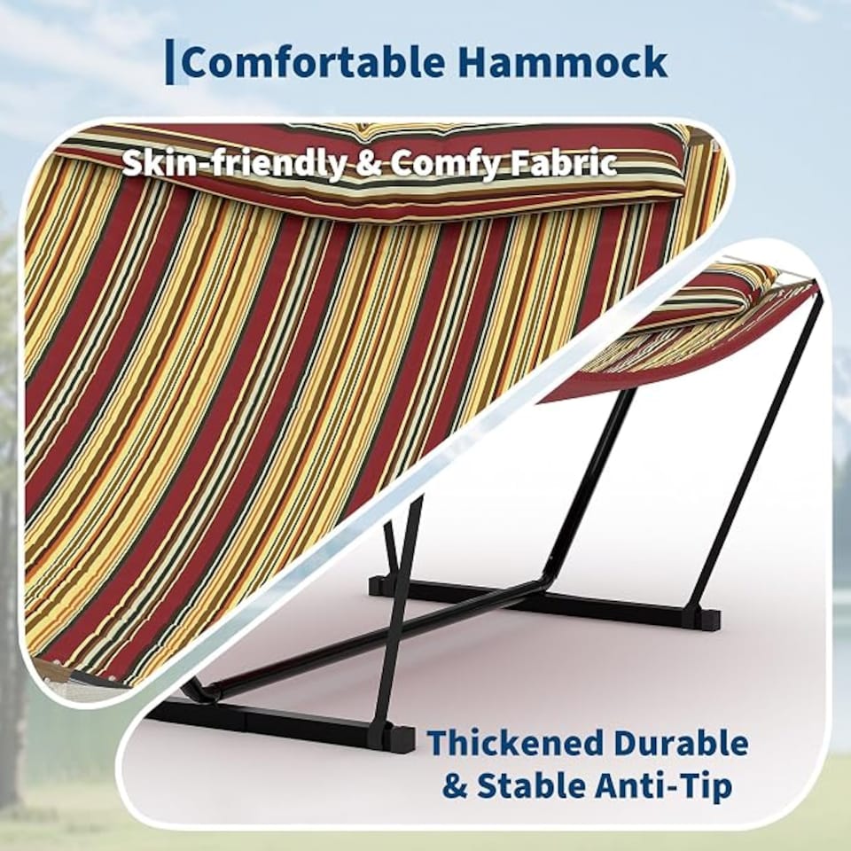 image 1 of London Boutique Double Hammock with Steel Stand, Burgundy Brown 3.65L x1.4W m