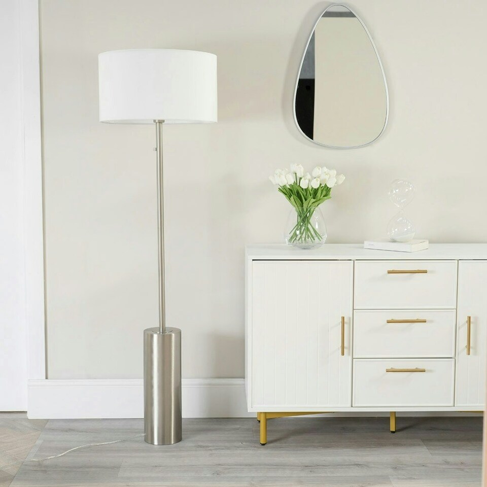 image 1 of ValueLights Lexy White Fabric Drum Shade with Brushed Chrome Dimmable Floor Lamp with LED Bulb