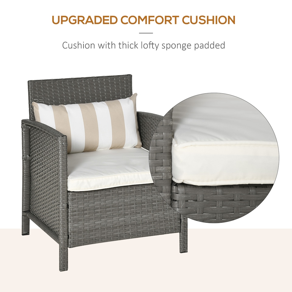 image 1 of Outsunny 3 PC Outdoor Rattan Sofa Set w/ Chairs Coffee Table Cushion Light Grey | Grey
