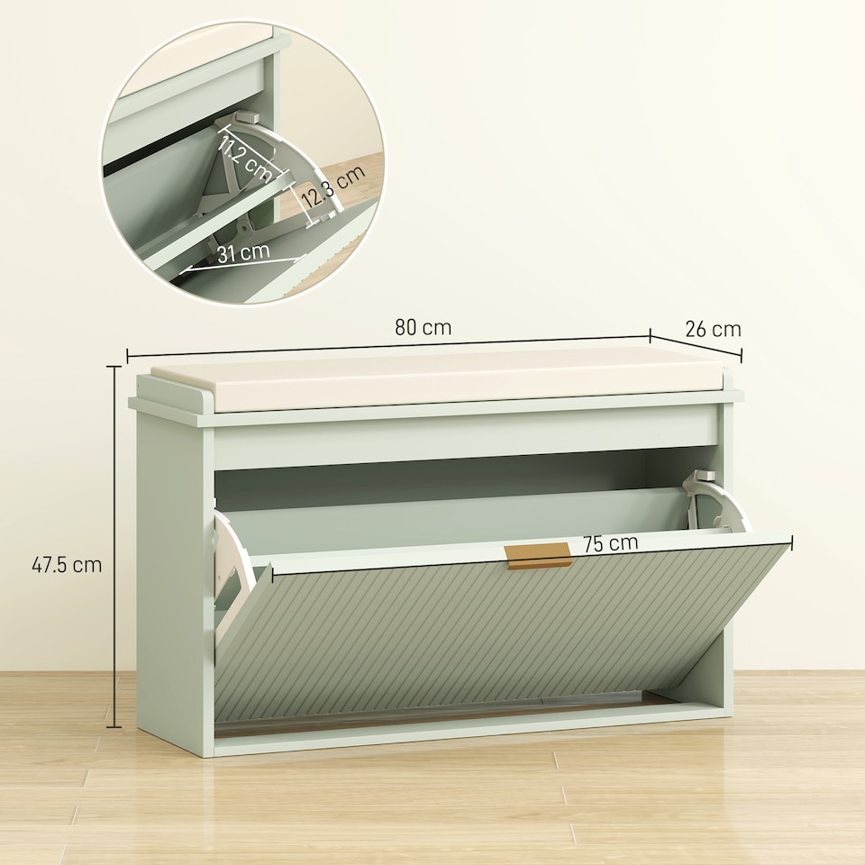 image 1 of HOMCOM Shoe Bench with Padded Seat Cushion and Flip-Drawer, Shoe Cabinet Holds up to 120kg for Hallway, Entryway and Porch, 80x26x47.5cm, Green | Green | Green