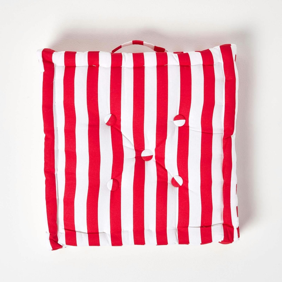 image 1 of Homescapes Cotton Red Thick Stripe Floor Cushion - 50 x 50 cm | Red | 50 x 50 cm