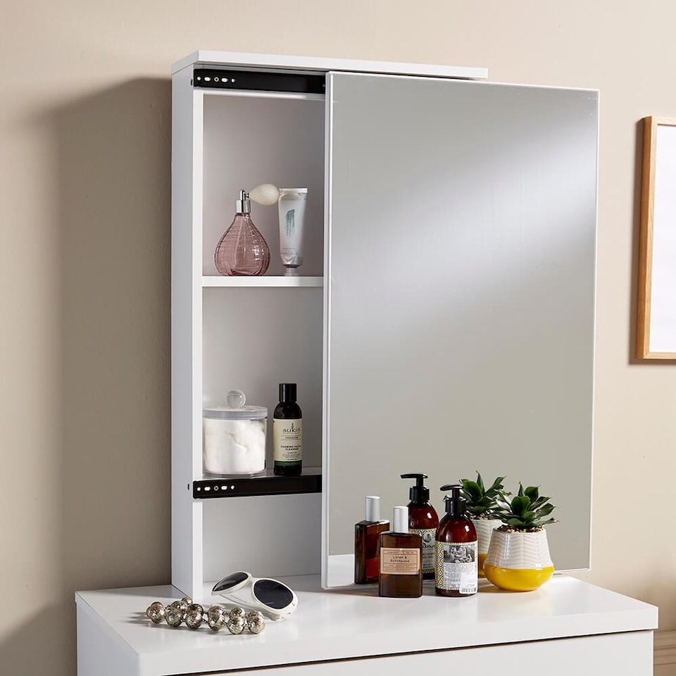 image 1 of Makeup Dressing Table Set With Sliding Storage Space Vanity Mirror and Stool | White