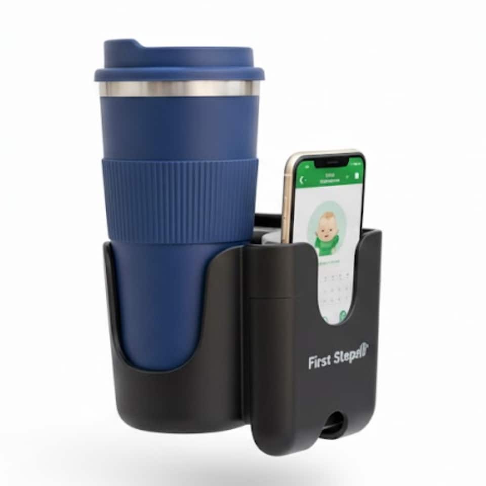 image 1 of Pram Phone & Cup Holder Bottles Hands Free Stroller Accessory Adjustable Clamp