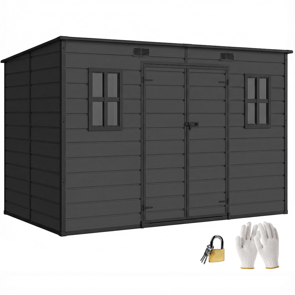 image 1 of Outsunny 10 x 6 ft Plastic Garden Shed with Floor, Lockable Doors, Dark Grey | Grey | Dark Grey