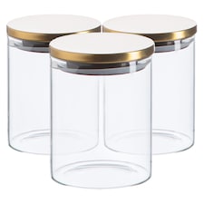 Argon Tableware Glass Storage Jars - Gold Lid - 750ml - Modern Round Scandi Organisation Container Glass Jar - Set of 3