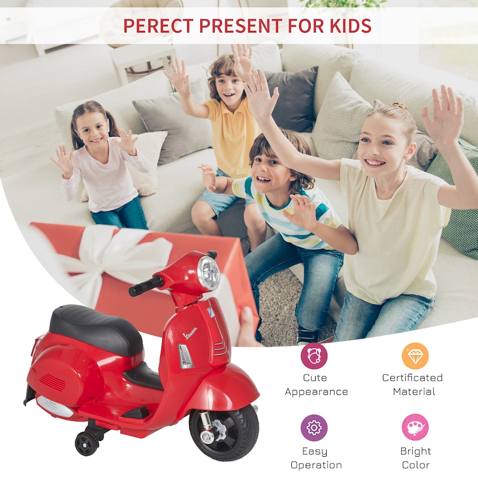 image 1 of HOMCOM Vespa Licensed Kids Ride On Motorcycle, 6V Battery Powered, Red