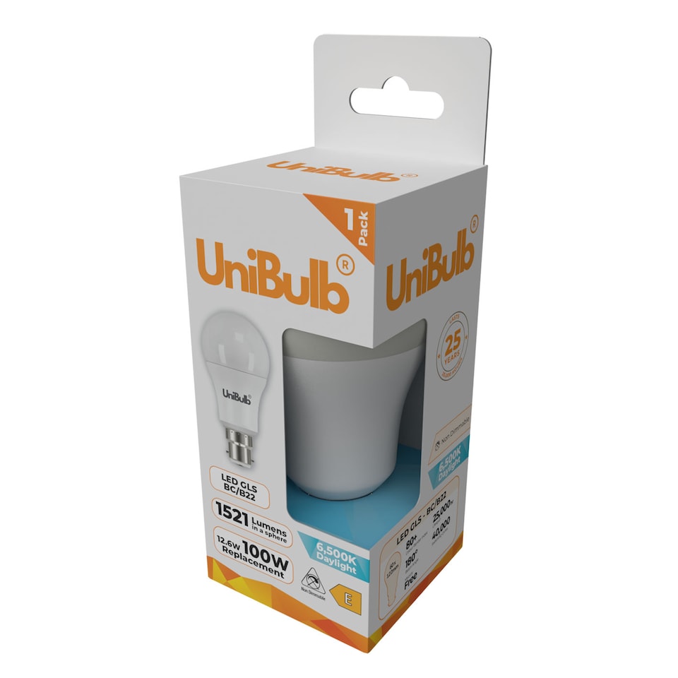 image 1 of UniBulb LED GLS B22 1521lm 12.6W 6500K (Daylight) Light Bulb - Pack of 1 | White | Daylight | 1
