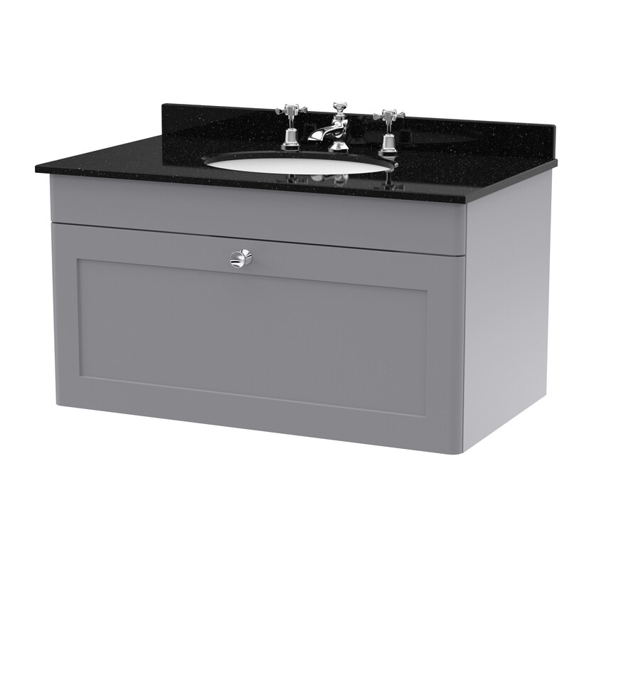 image 1 of Balterley Swynnerton Traditional 1 Drawer Wall Hung Vanity Unit with Marble Basin, Satin Grey, 800mm