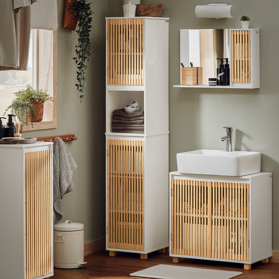 image 1 of SoBuy Under Sink Cabinet with 2 Bamboo Slatted Doors, White, 23.6x13.0x23.6 in, 11.5 kg - BZR125-W