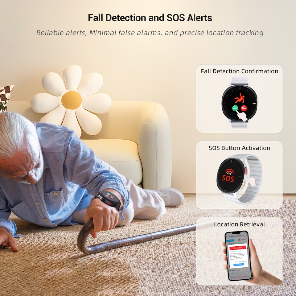 image 1 of Fall Detection & SOS Alerts Smart Watch- 24/7 Remote Health & Safety Monitoring- Heart Rate, Body Temperature, Blood Pressure, SpO2, 10 Day Battery- Audar E2-GB