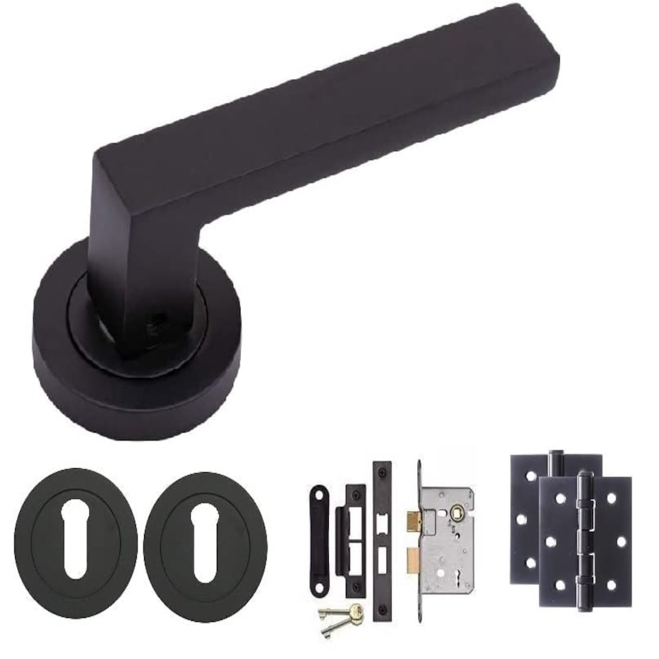image 1 of Golden Grace Delta Handles Set on Round Rose in Stunning Matte Black Finish Complete with 3 Lever Mortise Lock and 1 Pair of Ball Bearing Hinges Black