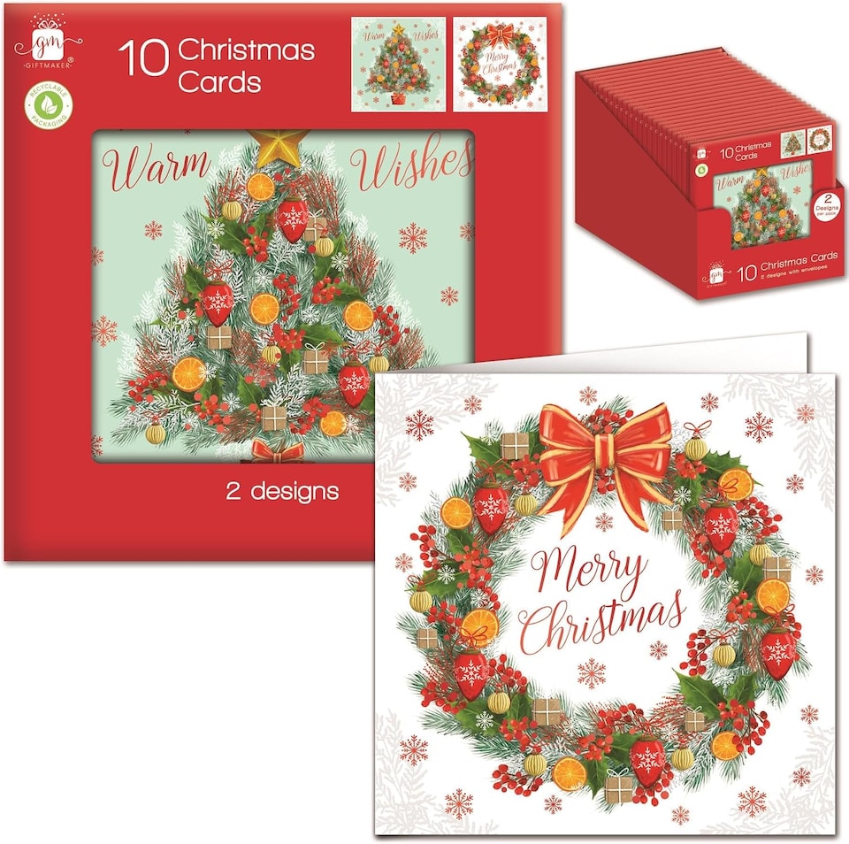 image 1 of Pack 10 Festive Tree & Wreath Designs Christmas Cards