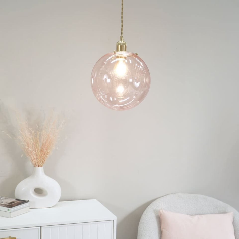 image 1 of ValueLights Frenchie Pink Tinted Glass Globe Gold Easy Fit Shade and Bulb