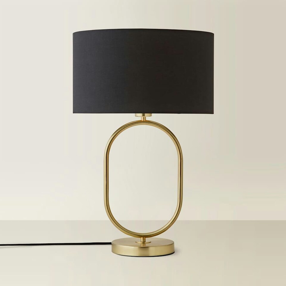 image 1 of ValueLights Antonia Black Fabric Drum Lamp Shade Brushed Gold Oval Table Lamp with LED Bulb Gold