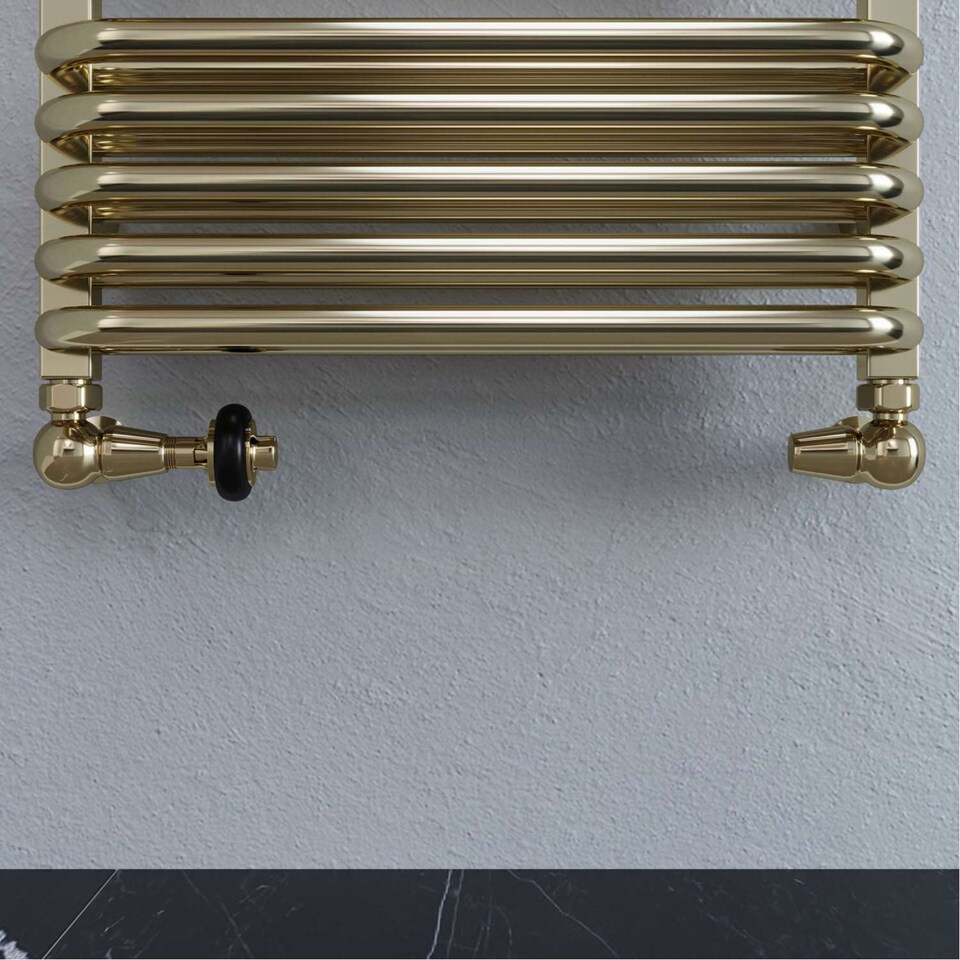 image 1 of Signature Wooden Head - Polished Brass Thermostatic Radiator Valve & Lockshield Corner 15mm