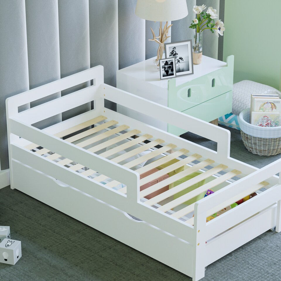 image 1 of Junior Vida Taurus Toddler Bed With Storage Drawer, White, 70 x 140cm