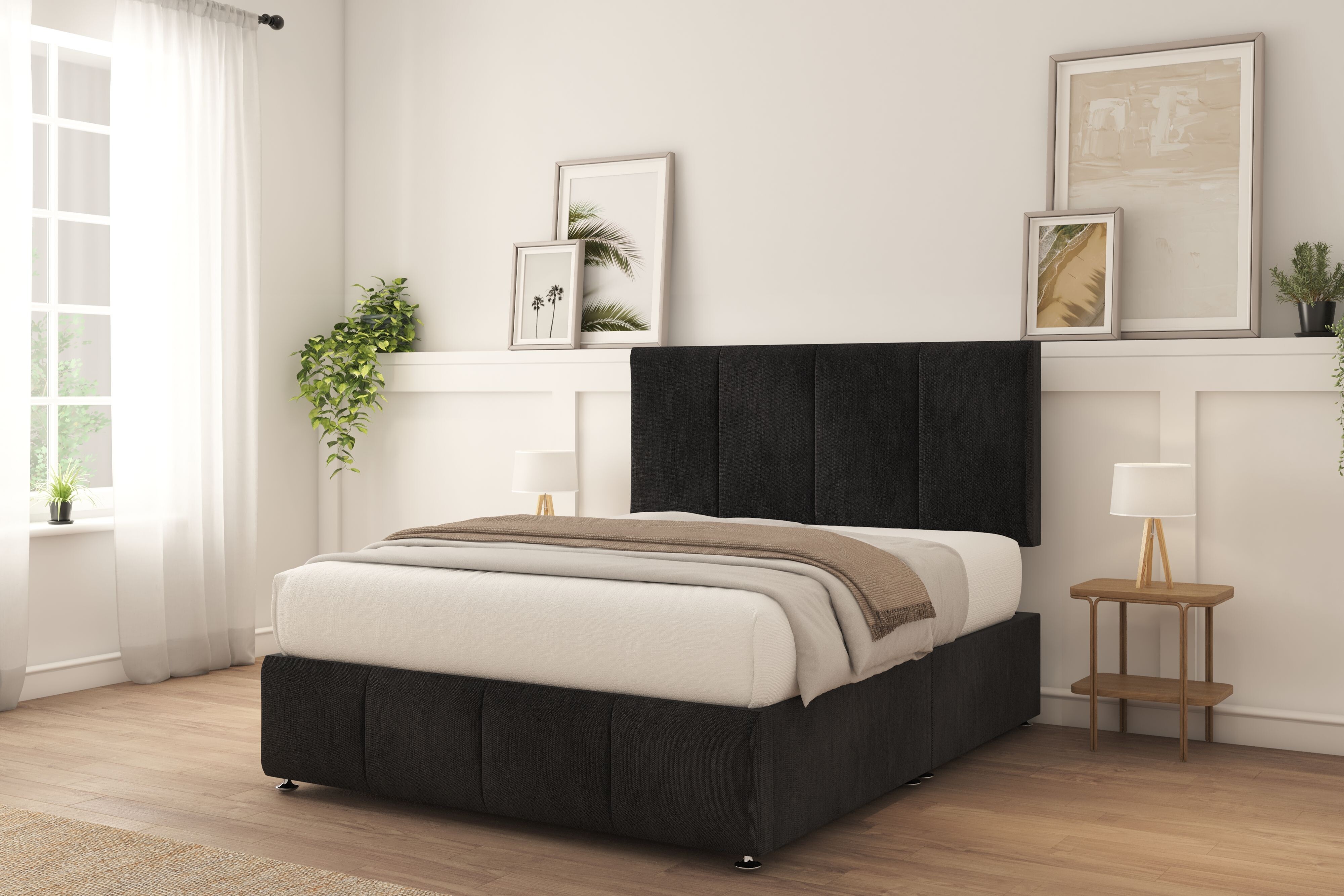 Sloomy Lisbon Black Naples Divan Bed With Mattress No Drawers 26" Strutted Headboard & 12" Footboard 5' King
