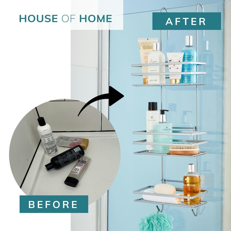 image 1 of Shower Caddy 3 Tier Bathroom Storage Organiser Hanging Basket With Shelving Over The Door Silver