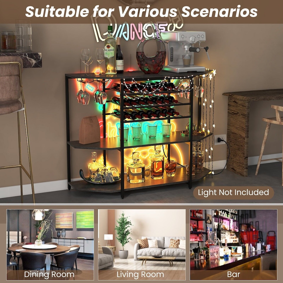 Wine Bar Cabinet 3 Tier Industrial Wine Rack w/Storage Shelves Glass ...