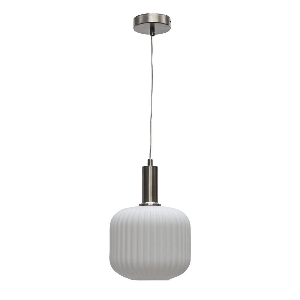 First Choice Lighting Bento - White Ribbed Glass Satin Nickel Deco Pendant Fitting