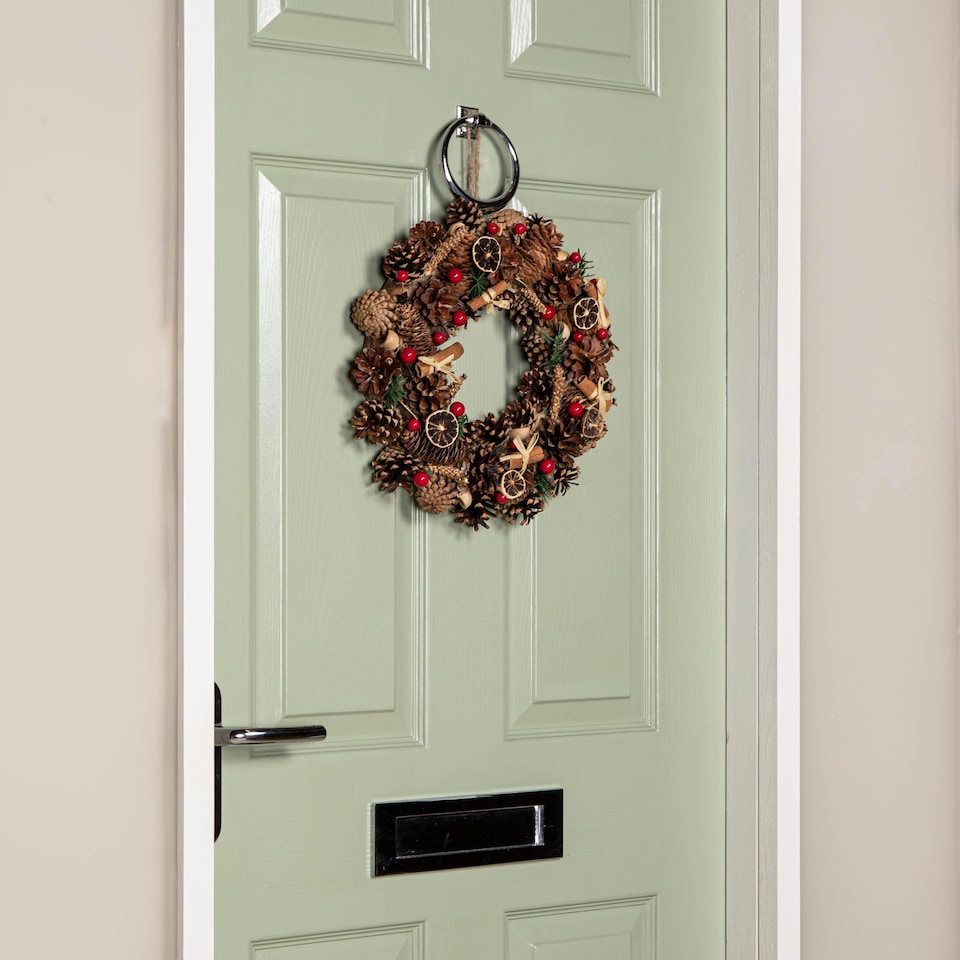 image 1 of 36cm Winter Spice Hanging Christmas Wreath with Pine Cones Red Berries & Dried Fruit
