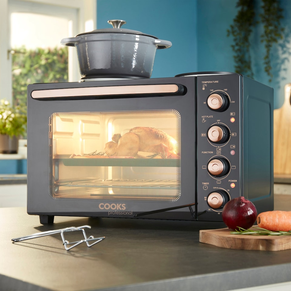 image 1 of Cooks Professional 34L Mini Oven with 2 Hobs - Electric Multifunction Countertop Cooker | Black | Black & Copper