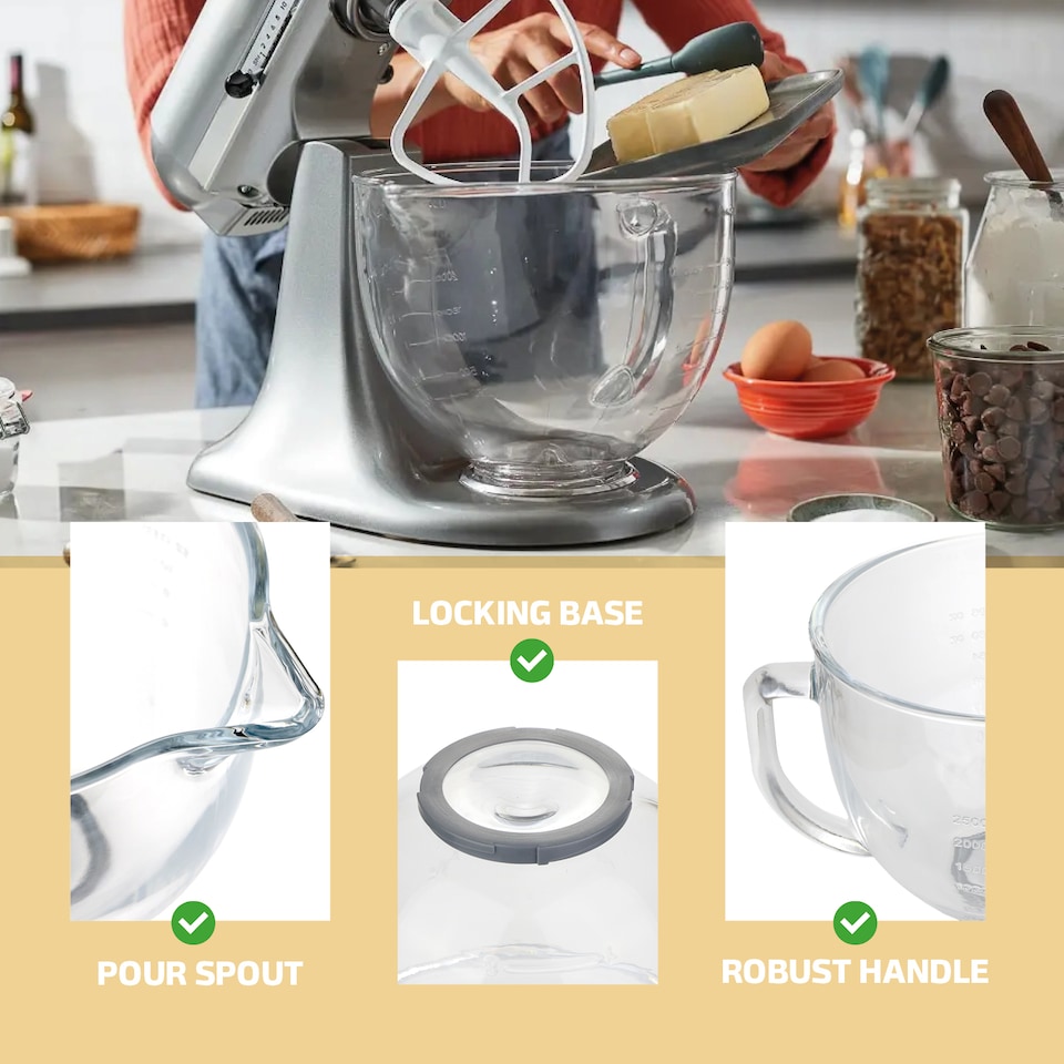 image 1 of SPARES2GO 4.7L Glass Mixing bowl Jug for KitchenAid Stand Mixer K40 5KSM5GB + Cover