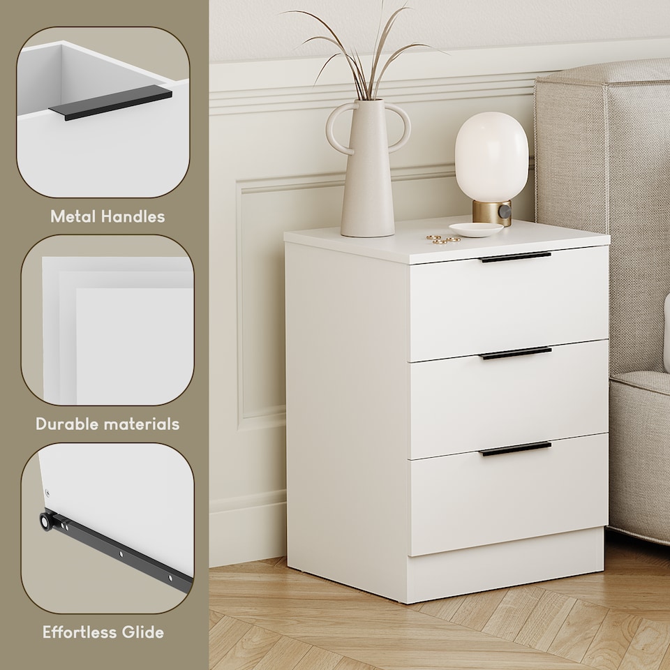 image 1 of Vida Designs Trega 3 Drawer Bedside Chest Bedroom Storage Unit, (H) 50cm x (W) 39cm x (D) 28cm, White