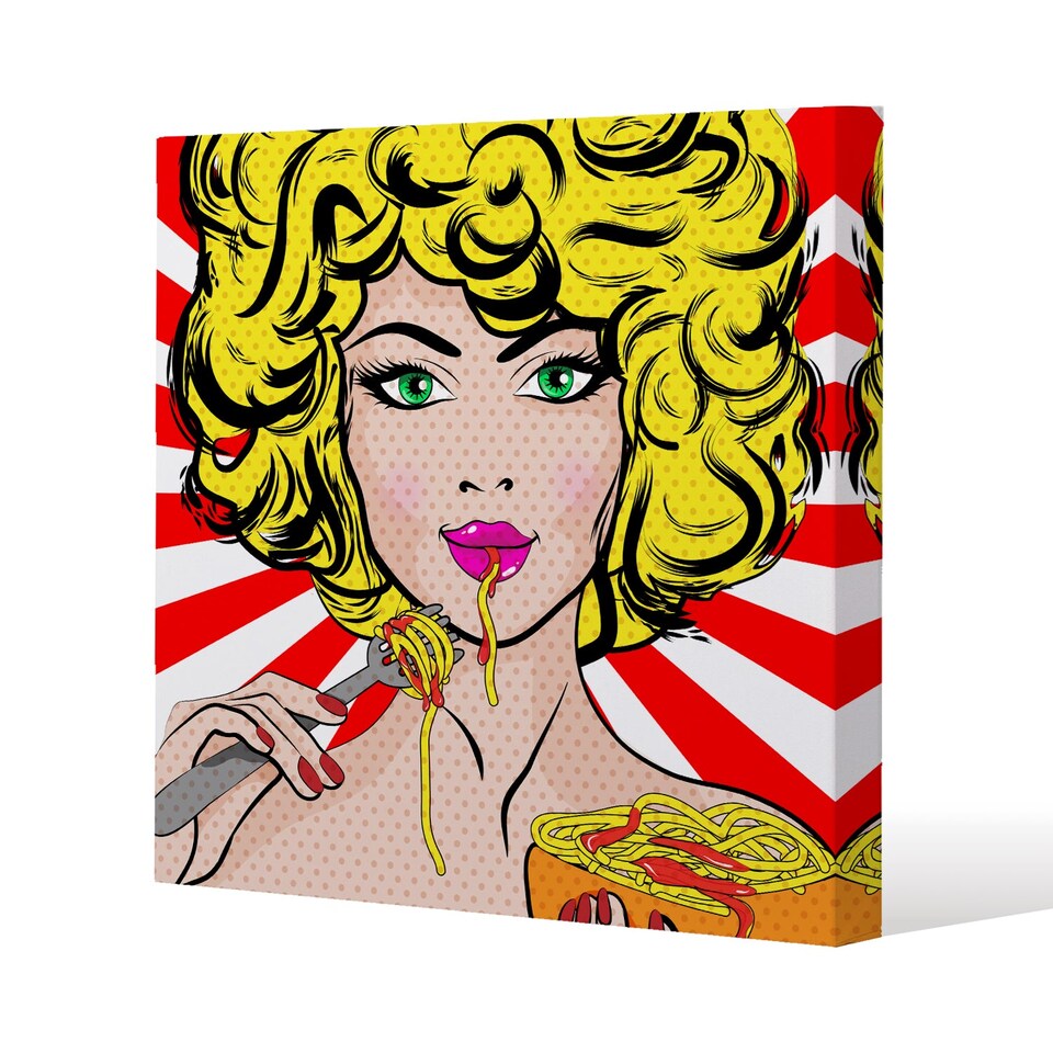 Pop Art Young woman Eating Spaghetti (Canvas Print) / 90 x 90 x 4cm | Multi