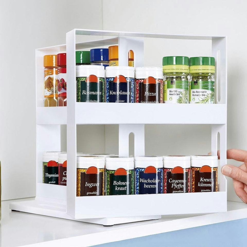 image 1 of Living and Home 2-Tier Rotating Jars Spice Rack Kitchen Storage Shelf - White | White