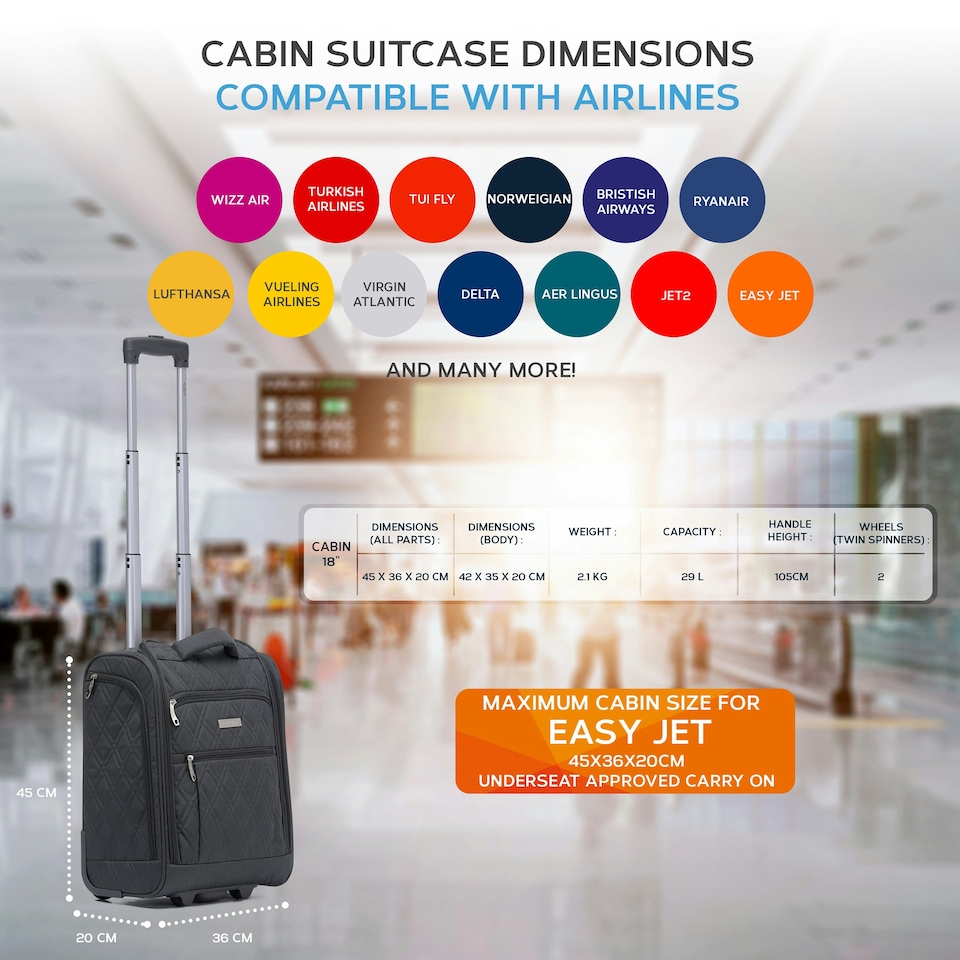 image 1 of Flight Knight 45x36x20cm easyJet Underseat Carry On Non Priority Approved Hand Luggage Case - 2 Wheels - Ultra Lightweight Durable Soft Textile Cabin Suitcase Grey | Charcoal | Cabin Bag