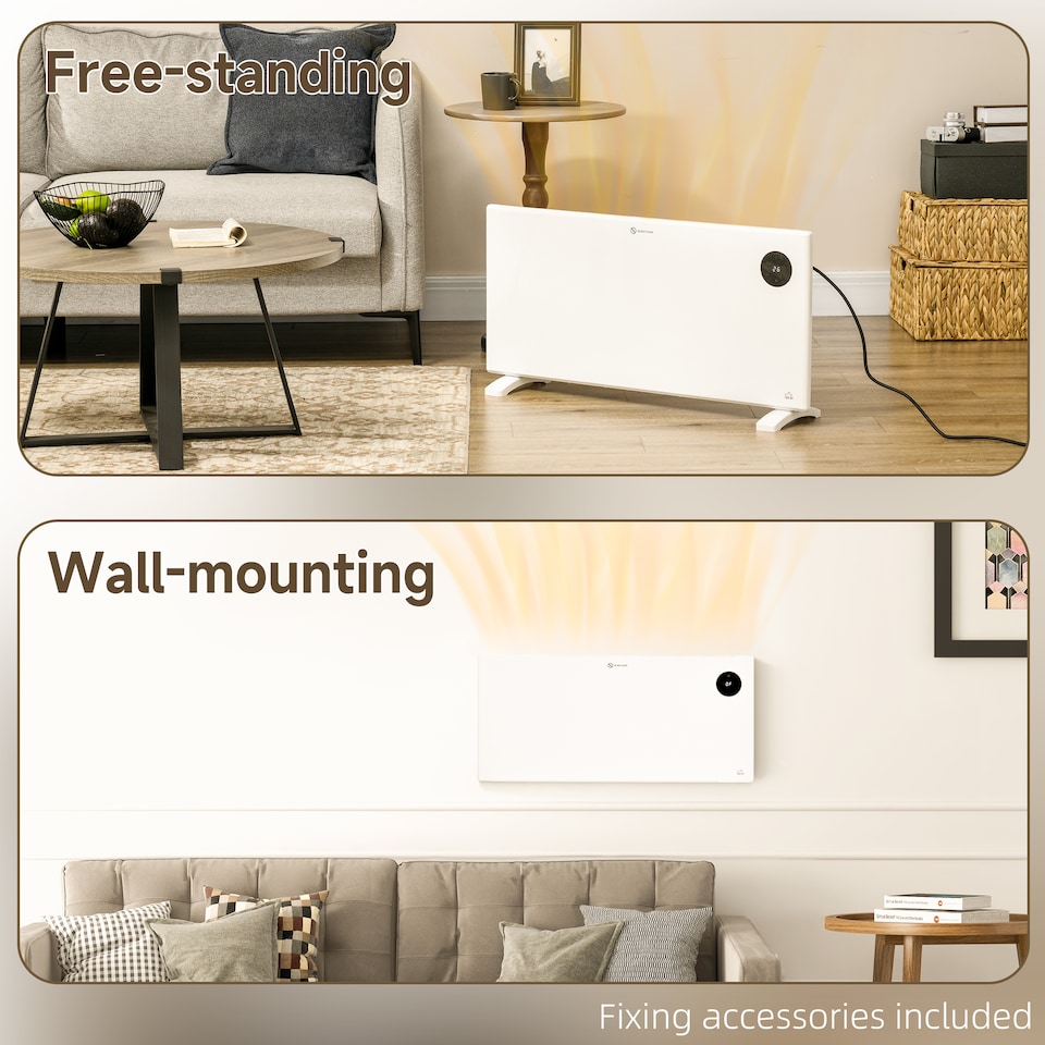 image 1 of HOMCOM 2000W Electric Panel Heater, Freestanding or Wall Mounted, Convector Heater with LED Display, Open Window Detection, Timer, Overheat Protection, Remote Control, White