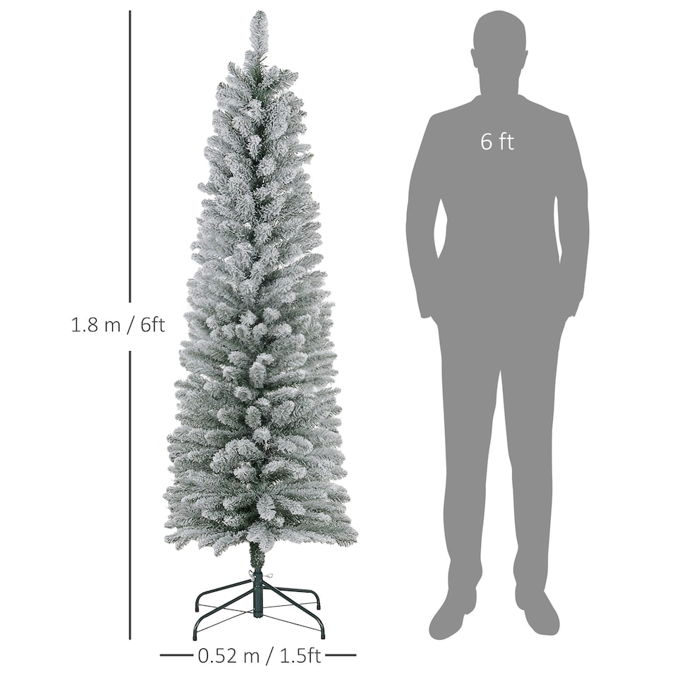image 1 of HOMCOM 6ft Artificial Pencil Christmas Tree with 329 Snow Flocked Branches, Metal Base, Realistic mas Tree, White