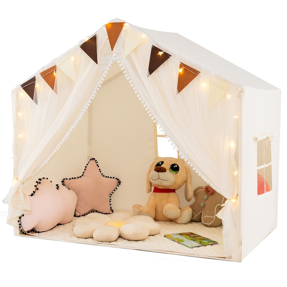 image 1 of COSTWAY Kids Play Tent 3-4 Kids Large Play Tent House w/Screen Curtains-Beige